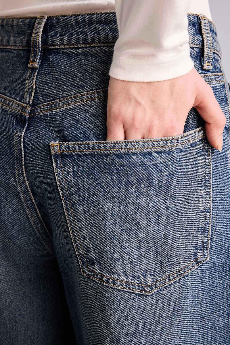 DeFacto Blue Woman Baggy Fit Folded Leg Denim Trousers Casual - Image 5